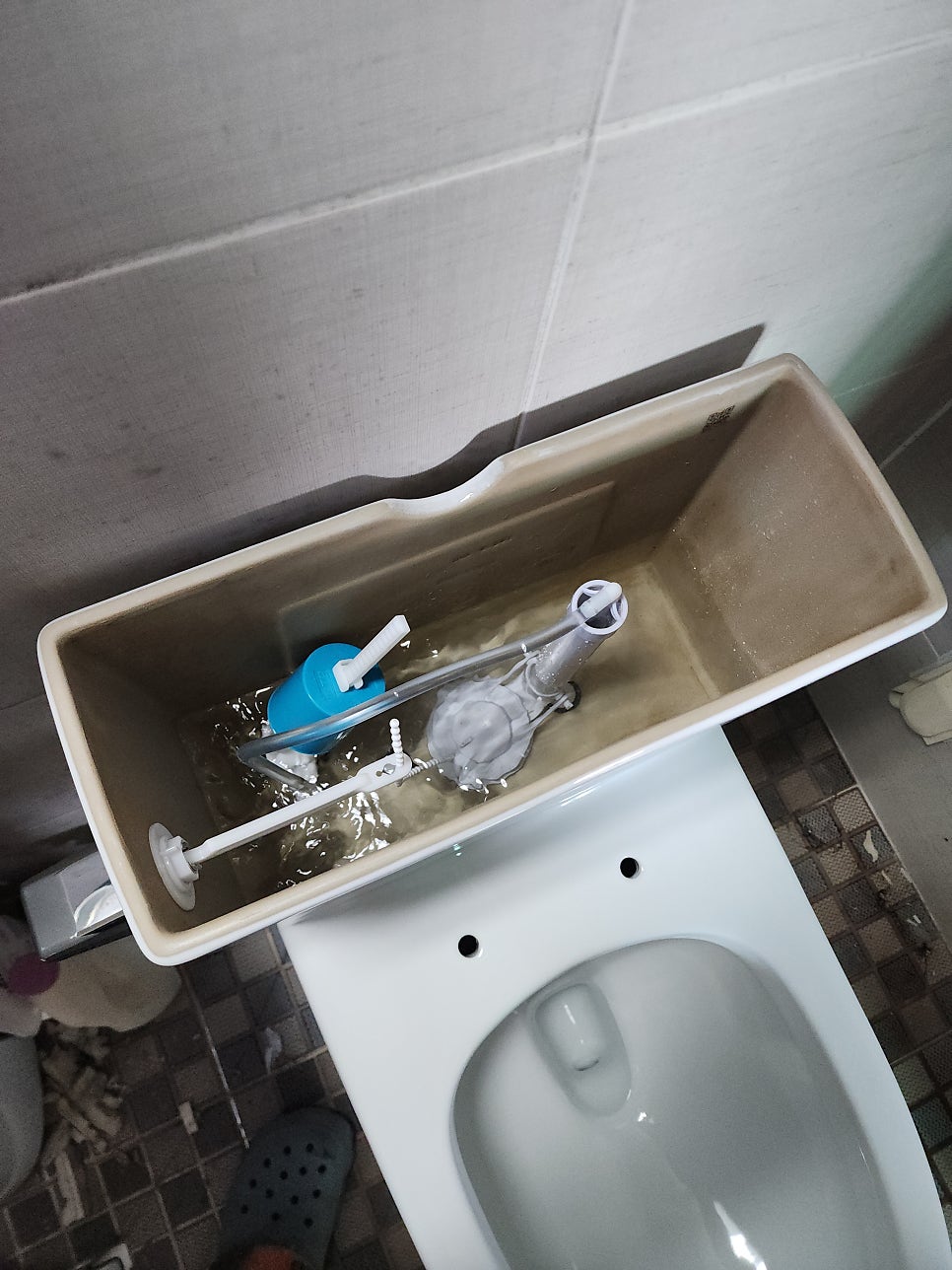 바닥에 놓고 고정한 새 변기 본체